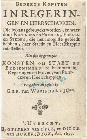 Title page for: Bedekte konsten in regeringen en heerschappien, Utrecht 1657, Cornelis van Dalen (I) (rejected attribution), 1657 Canvas Print