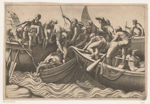 Catch of two large fish, Adamo Scultori, c. 1540 - c. 1585 Canvas Print