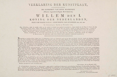 Verklaring der Kunstplaat, depicting the arrival of his Majesty (Our present Sovereign) William the I. King of the Netherlands (...) In Scheveningen. On den 30 November 1813, Evert Maaskamp, 1814 Canvas Print