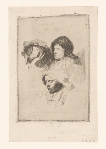 Three heads of women: one asleep, Ignace-Joseph de Claussin, Rembrandt van Rijn, 1805 - 1844 Canvas Print