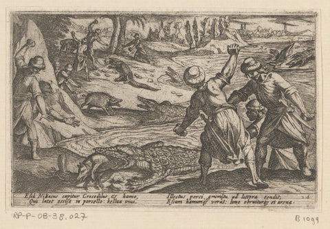 Hunters kill crocodiles and use wild boar as baits, Antonio Tempesta, 1602 Canvas Print