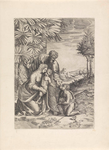 Holy Family and the young John the Baptist by a palm tree, Giulio Bonasone, 1501 - 1580 Canvas Print