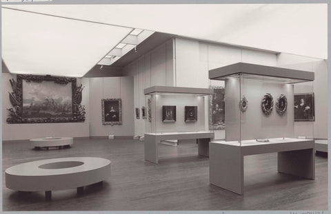 Room with various paintings and various frames, partly in display cases and benches for visitors, c. 1984 Canvas Print