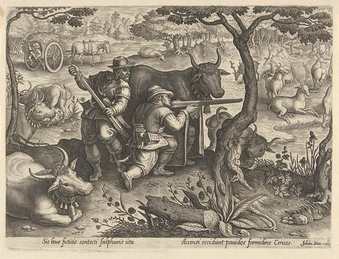 Deer hunting using camouflage, Philips Galle, 1578 Canvas Print