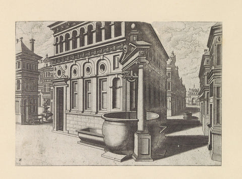 Well on the corner of two streets, Johannes or Lucas van Doetechum, c. 1574 Canvas Print