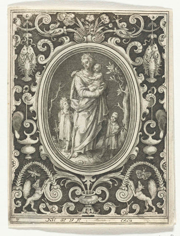 Love with three children in oval frame inside rectangular frame with ornaments, Nicolaes de Bruyn, 1581 - 1656 Canvas Print