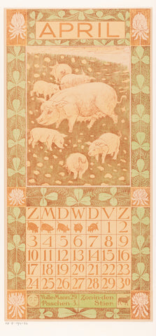 Calendar sheet April with pigs, Theo van Hoytema, 1903 Canvas Print