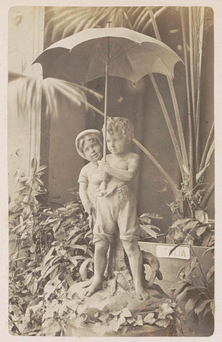 Statue of two children under an umbrella in the middle of plants, possibly displayed at the World's Fair in Paris in 1889, anonymous, 1889 Canvas Print