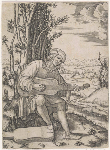 Portrait of Jean-Philotée Achillini playing guitar, Marcantonio Raimondi, 1510 - 1527 Canvas Print