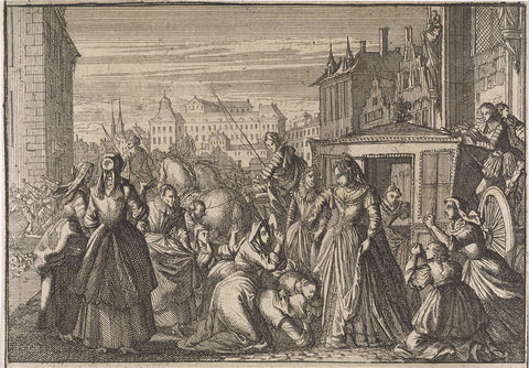 Women kneel in Paris before Queen Anna and beg her to reduce taxes, 1645, Caspar Luyken (attributed to), 1701 Canvas Print