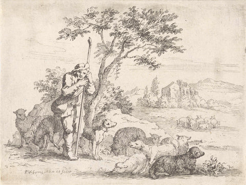 Shepherd with his flock, Paul van Somer (II), 1670 - 1697 Canvas Print