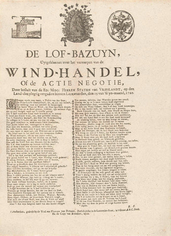 Trumpet of praise on the rejection of the wind trade by the States of Friesland, 1720, anonymous, 1720 Canvas Print