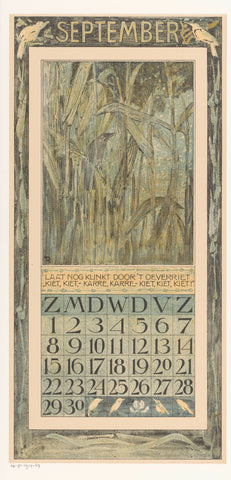 Calendar sheet September with bird in the reeds, Theo van Hoytema, 1906 Canvas Print