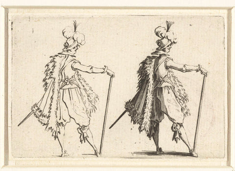 Twice the same man with fur coat, walking stick and sword, seen on the right side, Jacques Callot, 1621 Canvas Print