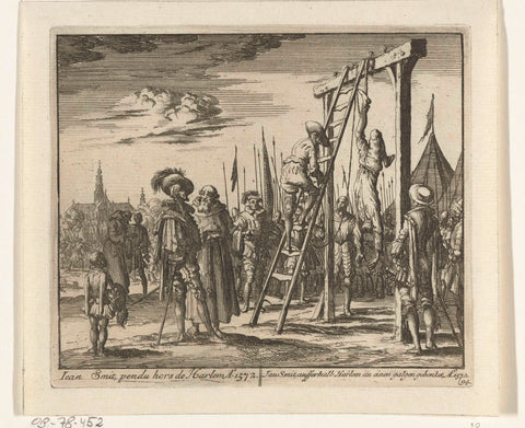 Jan Smit hanged by one leg in Haarlem, 1572, Jan Luyken, 1683 - 1685 Canvas Print