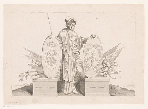 Minerva with two coats of arms, Claude Mellan (attributed to), 1608 - 1688 Canvas Print