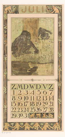 Calendar sheet July with monkeys, Theo van Hoytema, 1905 Canvas Print