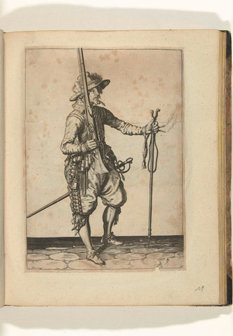 Soldier holding his musket with his right hand upright, in his left hand the furket to place his weapon on (no. 4), ca. 1600, Jacob de Gheyn (II) (workshop or), 1597 - 1608 Canvas Print