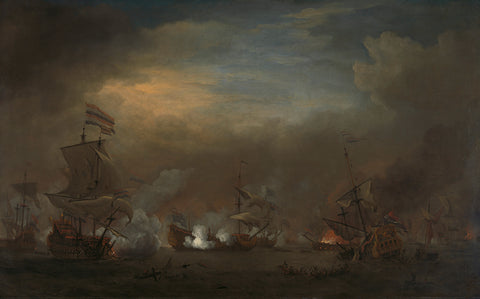 Encounter during the Battle of Kijkduin, Willem van de Velde (II), c. 1675 Canvas Print