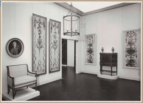 Corner of a room with furniture, panels and painted wallpaper, c. 1957 Canvas Print