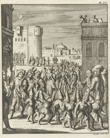 Parade of the shoemakers' guild in Aleppo, preceded by a group of boys wearing paper pointed hats, Jan Luyken, 1682 Canvas Print