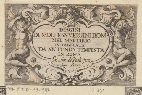 Title print with cartouche with two, a cherub and text, Antonio Tempesta, 1565 - 1630 Canvas Print