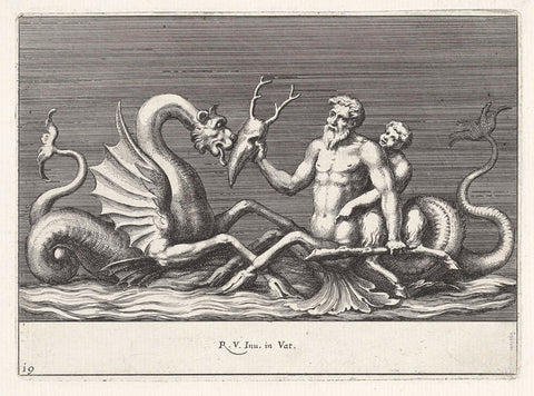 Triton holds a skull for a sea monster, Pietro Sante Bartoli, 1645 - 1700 Canvas Print