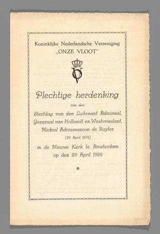 Solemn commemoration of the Anniversary of the Death of ... Michiel Adriaanszoon de Ruyter (29 April 1676) in the Nieuwe Kerk in Amsterdam on den 29 April 1926, anonymous, 1926 Canvas Print