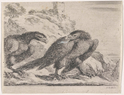 Eagle walking to the right, looking back at another eagle, Stefano della Bella, 1620 - 1664 Canvas Print