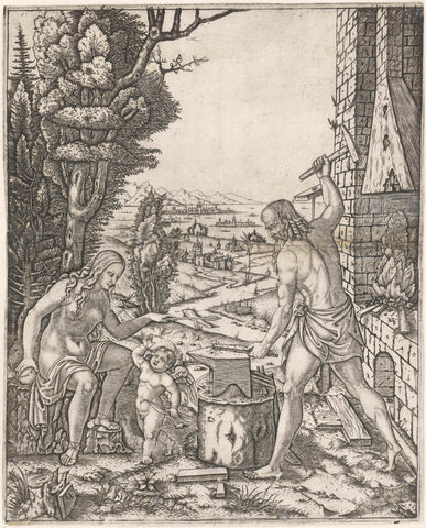 Vulcanus forges arrows and wings for Amor in the presence of Venus, Marcantonio Raimondi, 1510 - 1527 Canvas Print