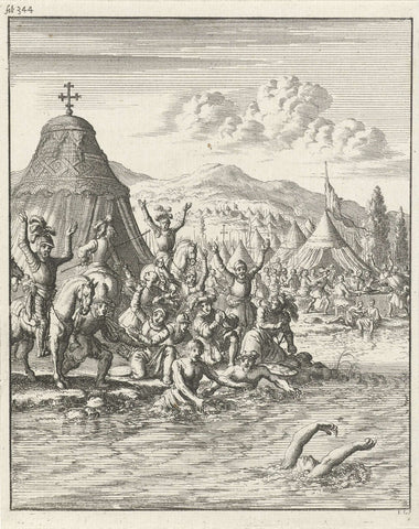 Emperor Frederik Barbarossa drowns in the Selef, Jan Luyken, 1683 Canvas Print