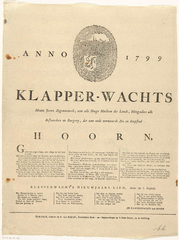 Nieuwjaarsprent van de Hoornse klapperwacht voor het jaar 1799, anonymous, 1796 - 1797 Canvas Print