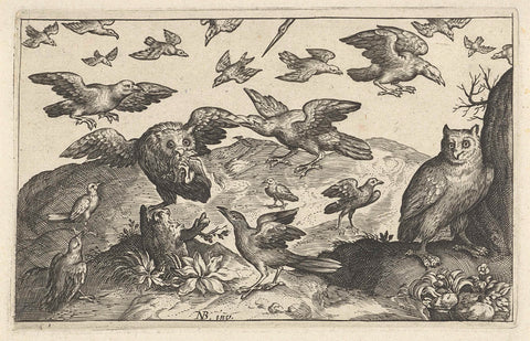 Owl with prey attacked by other birds, Nicolaes de Bruyn, 1594 - 1644 Canvas Print