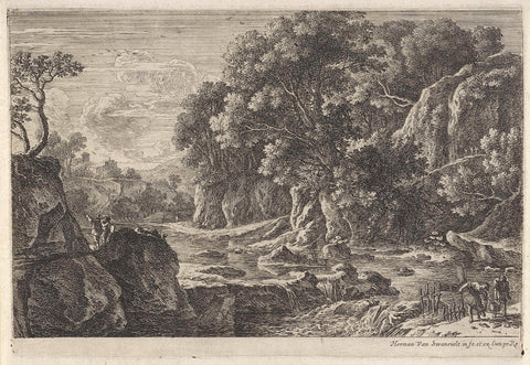 River Landscape with Two Fishermen, Herman van Swaneelt, 1650 - 1655 Canvas Print