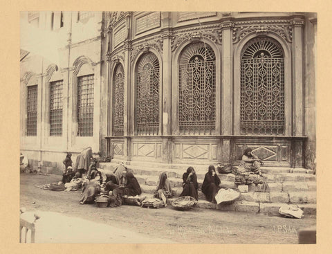 Saleswomen of food on the sidewalk in front of a shielded fountain, Pascal Sébah, c. 1888 - c. 1898 Canvas Print