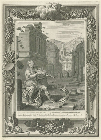 Amphion builds the walls of Thebe, Bernard Picart (workshop or), 1733 Canvas Print