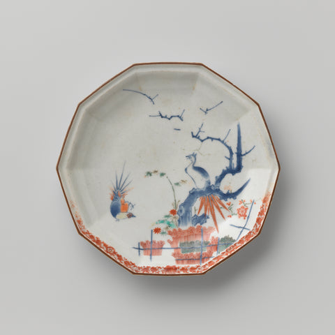 Decagonal dish with brushwood fences, bamboo, prunus and pheasants., anonymous, c. 1680 - c. 1700 Canvas Print