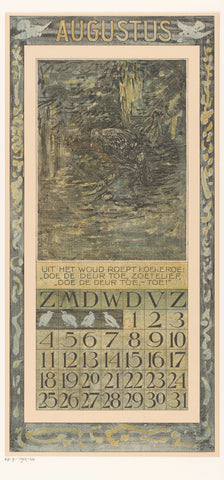 Calendar sheet August with bird in the forest, Hoytema theo, 1906 Canvas Print