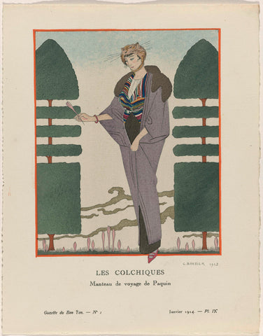 Gazette du Bon Ton, 1914 - No. 1, Pl. IX: Les Colchiques / Manteau de voyage de Paquin., George Barbier, 1914 Canvas Print