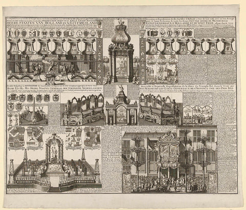 Overview of the fireworks in different places at the celebration of the Treaty of Utrecht, 1713, anonymous, 1713 Canvas Print