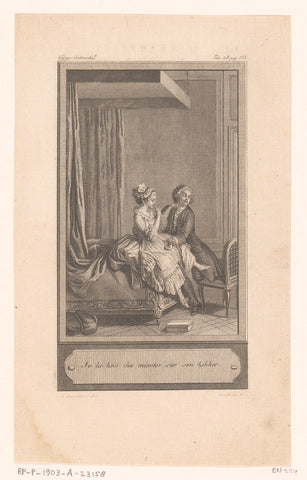 Bedroom interior with a man and woman sitting on a bed, Jean Dambrun, 1788 Canvas Print