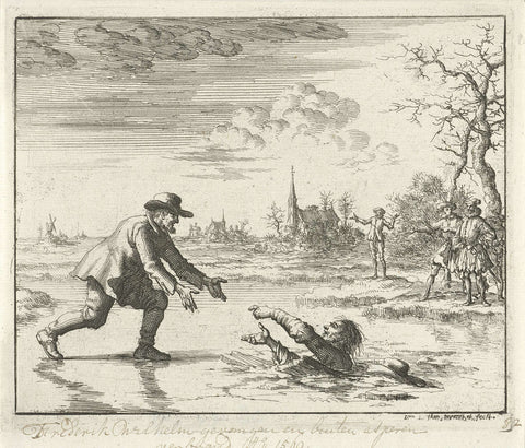 Dirk Willemsz. rescues his persecuter from the ice at Asperen, 1569, Jan Luyken, 1685 Canvas Print