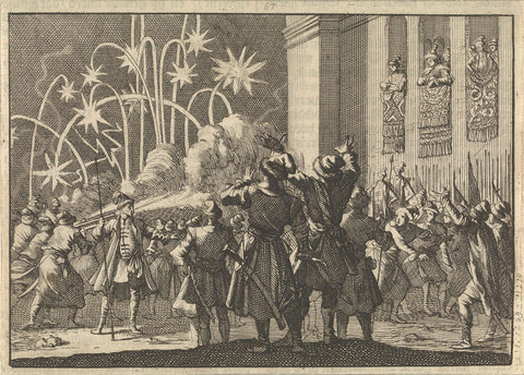 King Ladislas VI of Poland is wounded while watching a fireworks display from his palace, 1636, Caspar Luyken, 1698 Canvas Print