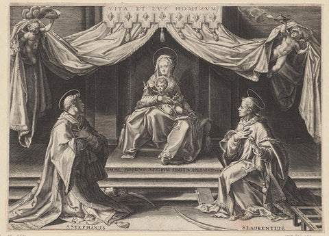 Crowned Mary with the Christ child and Saint Stephen and Saint Laurentius, Johann Sadeler (I), 1590 - 1650 Canvas Print