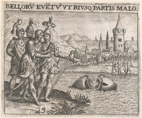 Soldiers look at two jugs floating in the water, Theodor de Bry, 1596 Canvas Print