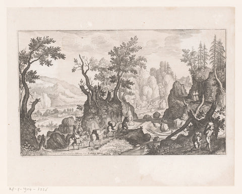 Mountain landscape with travellers, cargo donkeys, marchers and nuns, Matthäus Merian (I), 1603 - 1650 Canvas Print