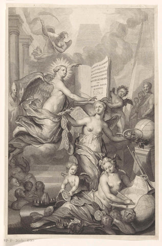 Allegorical performance with Fame, Eternity and Writing, anonymous, 1725 Canvas Print