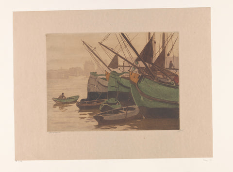 Three peat ships with rowing boats in the IJ, Willem Witsen, c. 1910 - c. 1911 Canvas Print