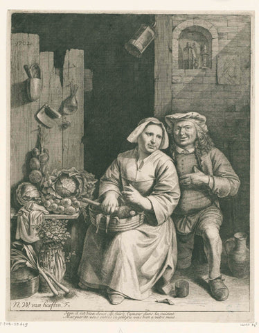 Couple in a kitchen interior, Nicolaes van Haeften, 1702 Canvas Print