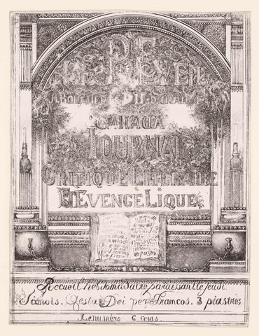 Title print with title Le Réveil du Canada in frame with architectural ornaments and open bible, Rodolphe Bresdin, 1871 - 1874 Canvas Print